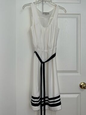 LOFT White Knee Length Dress with Black Stripes and Tie Detail